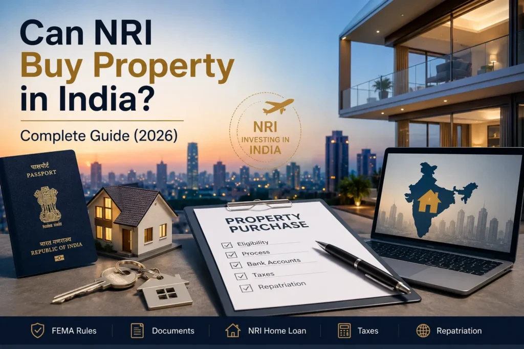 NRI buying luxury property in India 2026 with FEMA rules, taxes, home loan, passport, and Gurgaon real estate investment concept.