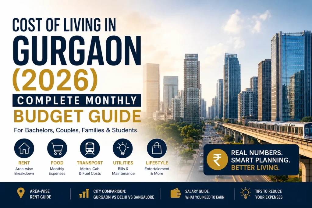 Cost of Living in Gurgaon 2026 infographic with city skyline, metro, rent, food, transport and monthly budget guide details.
