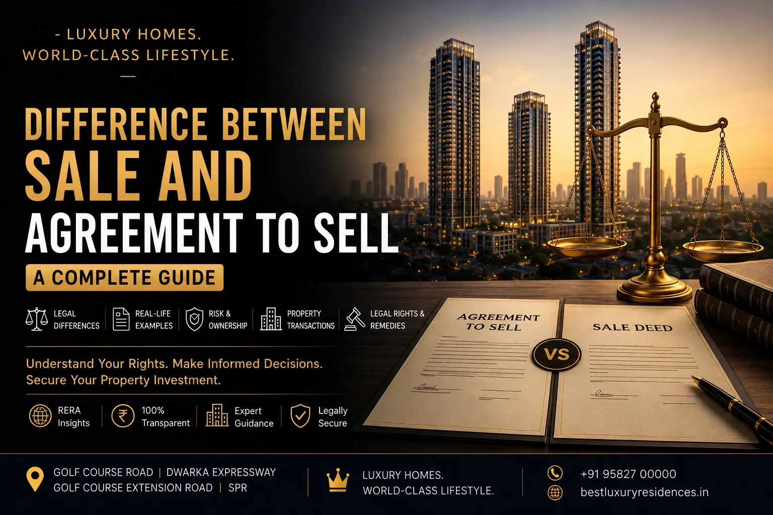 Difference between Sale and Agreement to Sell feature image with legal documents, justice scale, and Gurgaon luxury skyline backdrop.