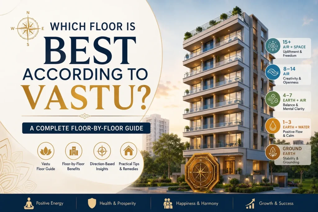 Luxury apartment Vastu guide image showing best floors, energy elements, floor benefits, and modern high-rise living insights.
