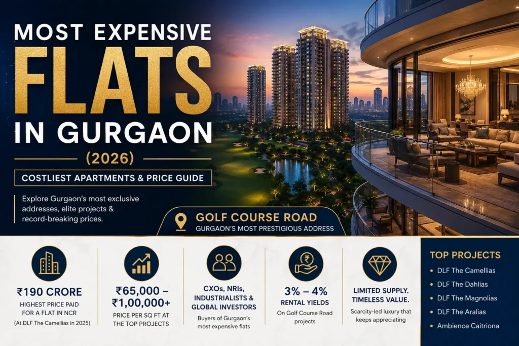 Most expensive flats in Gurgaon 2026 showing luxury high-rise apartments on Golf Course Road with skyline view, premium interiors, and key price highlights of ultra luxury residential projects