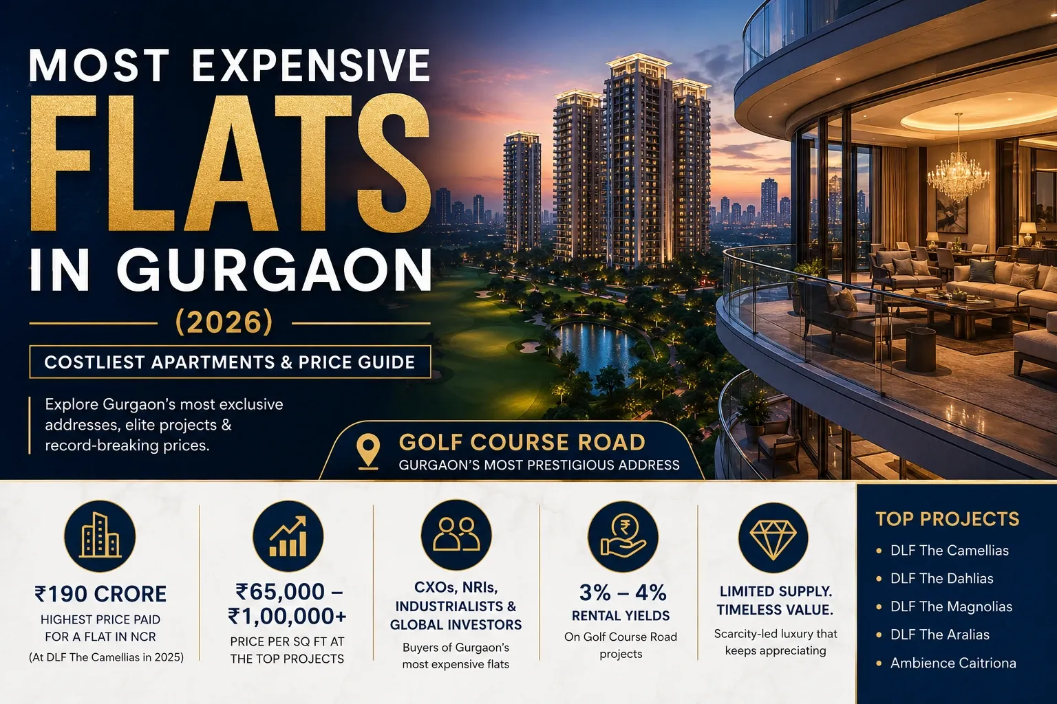 Most expensive flats in Gurgaon 2026 showing luxury high-rise apartments on Golf Course Road with skyline view, premium interiors, and key price highlights of ultra luxury residential projects