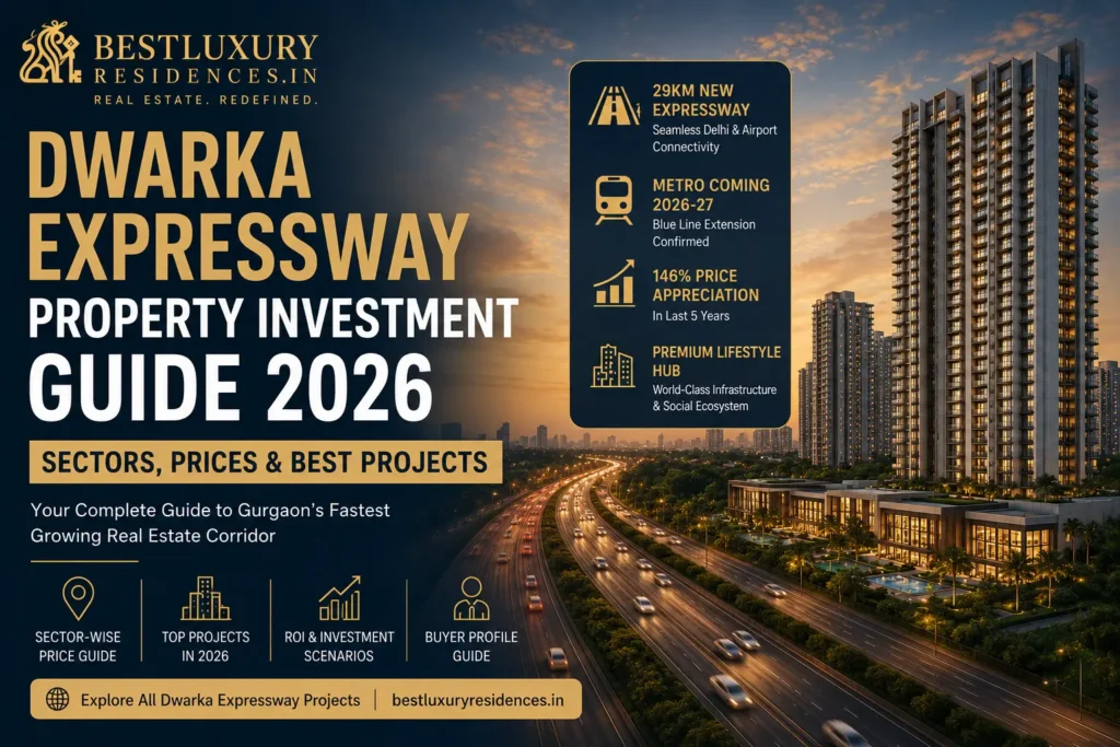Luxury apartments along Dwarka Expressway showcasing 2026 property investment guide with prices, sectors and top projects.