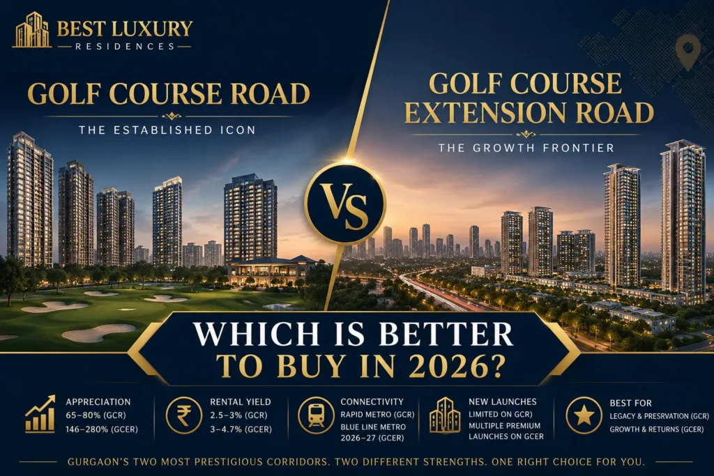 Golf Course Road vs Golf Course Extension Road Gurgaon 2026 comparison featuring luxury projects, prices, appreciation and investment guide.