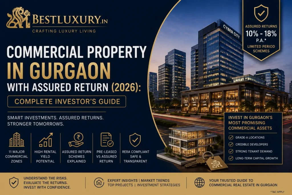 Commercial property in Gurgaon with assured returns in 2026, featuring prime locations, top projects, investment insights, and risk tips.