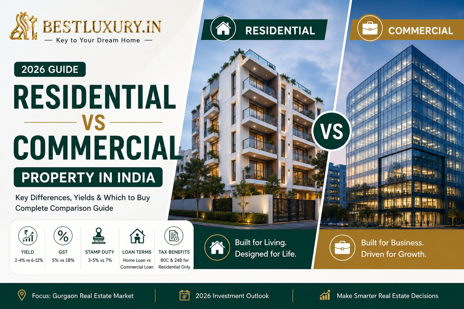Residential vs commercial property in India 2026 comparing rental yield, GST, stamp duty, loans and tax benefits in Gurgaon.